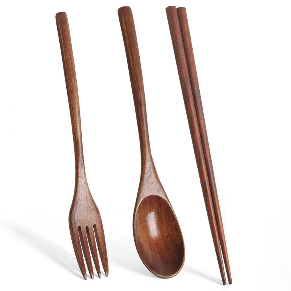 3 Piece Natural Wood Dinnerware Set