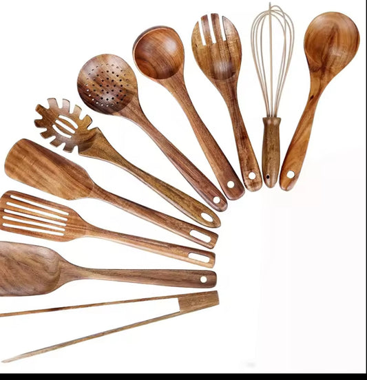 10-Piece Natural Teak Wood Kitchen Utensil Set | Eco-Friendly Cookware