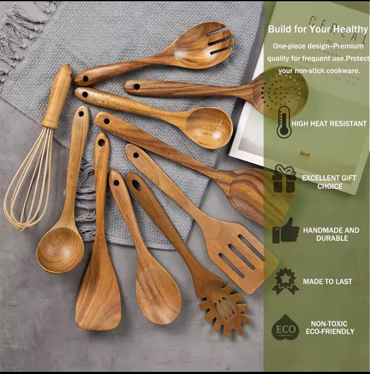 10-Piece Natural Teak Wood Kitchen Utensil Set | Eco-Friendly Cookware
