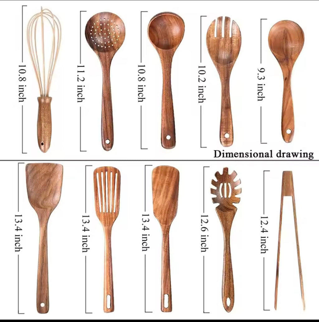 10 piece natural teak wooden kitchen utensils set.