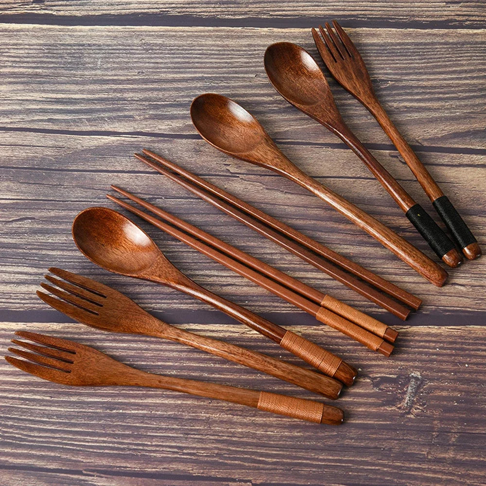 3 Piece Natural Wood Dinnerware Set