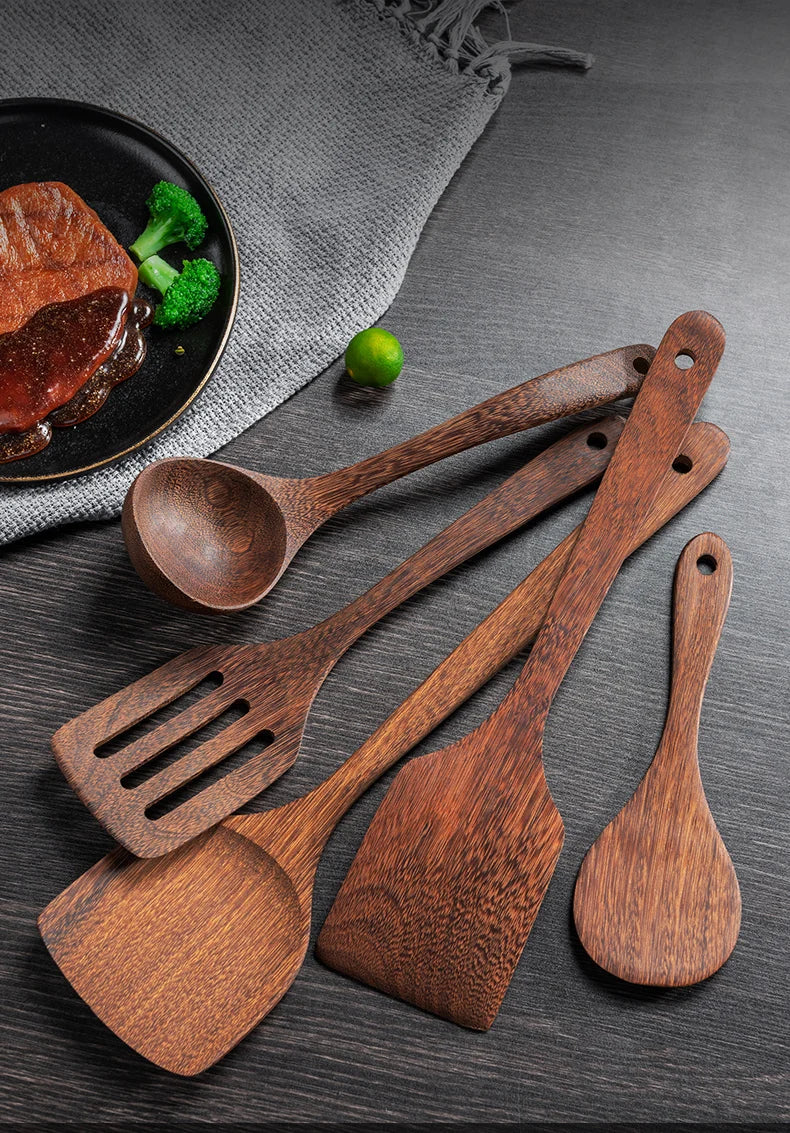 Natural Wood Handle Kitchen Spatula & Spoon | Eco-Friendly Cookware