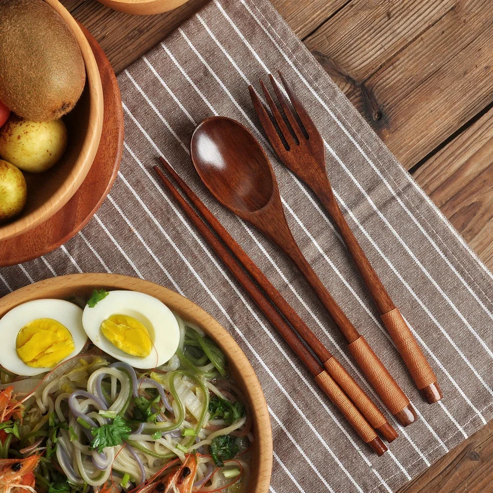 3 Piece Natural Wood Dinnerware Set