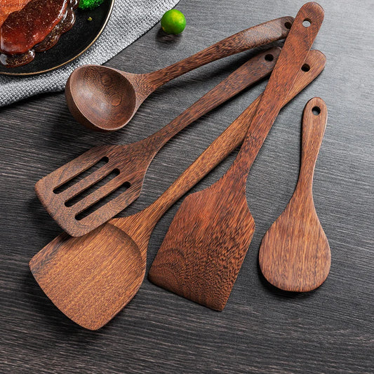 Natural Wood Handle Kitchen Spatula & Spoon | Eco-Friendly Cookware
