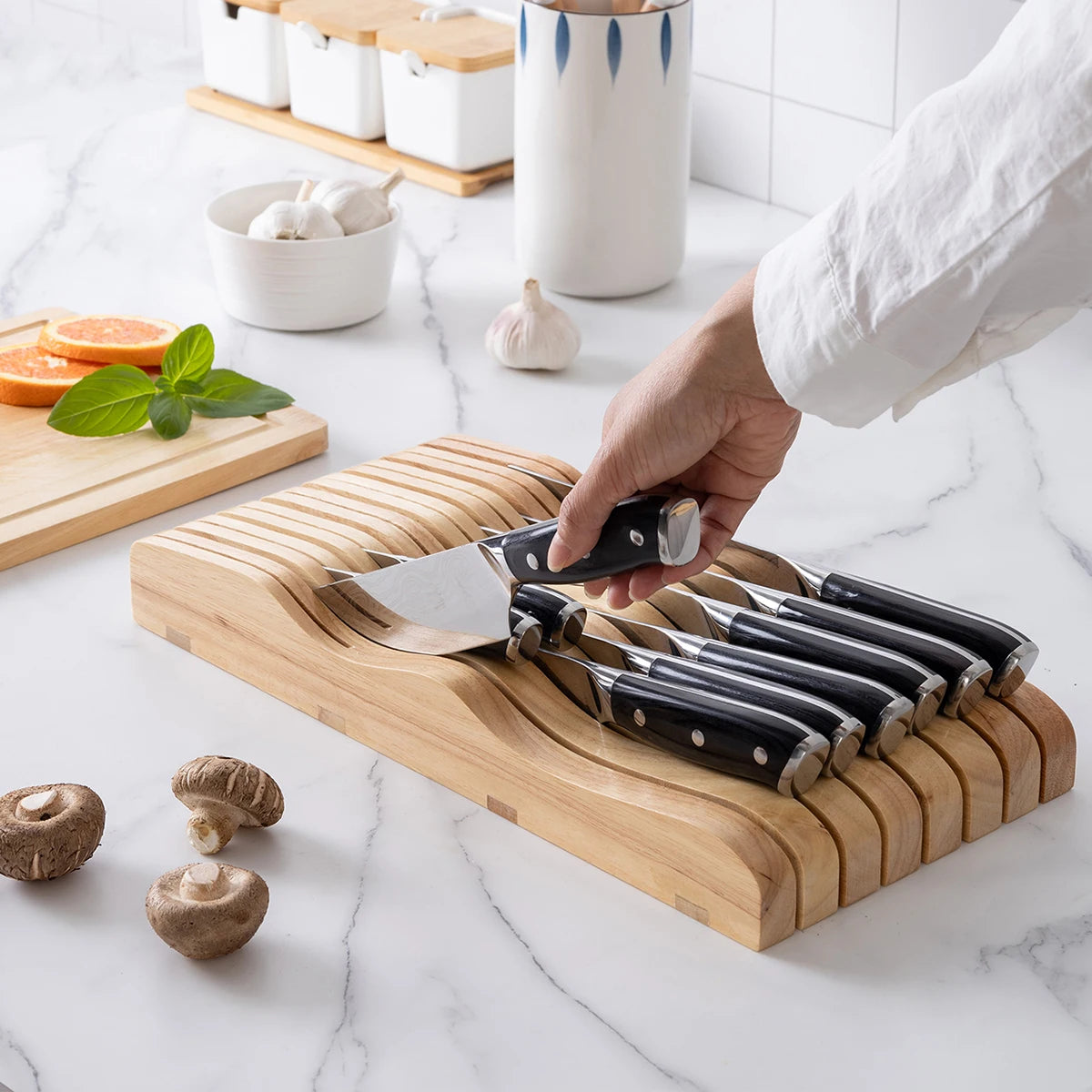 Wooden Horizontal Knife Holder Kitchen Drawer Organizer.