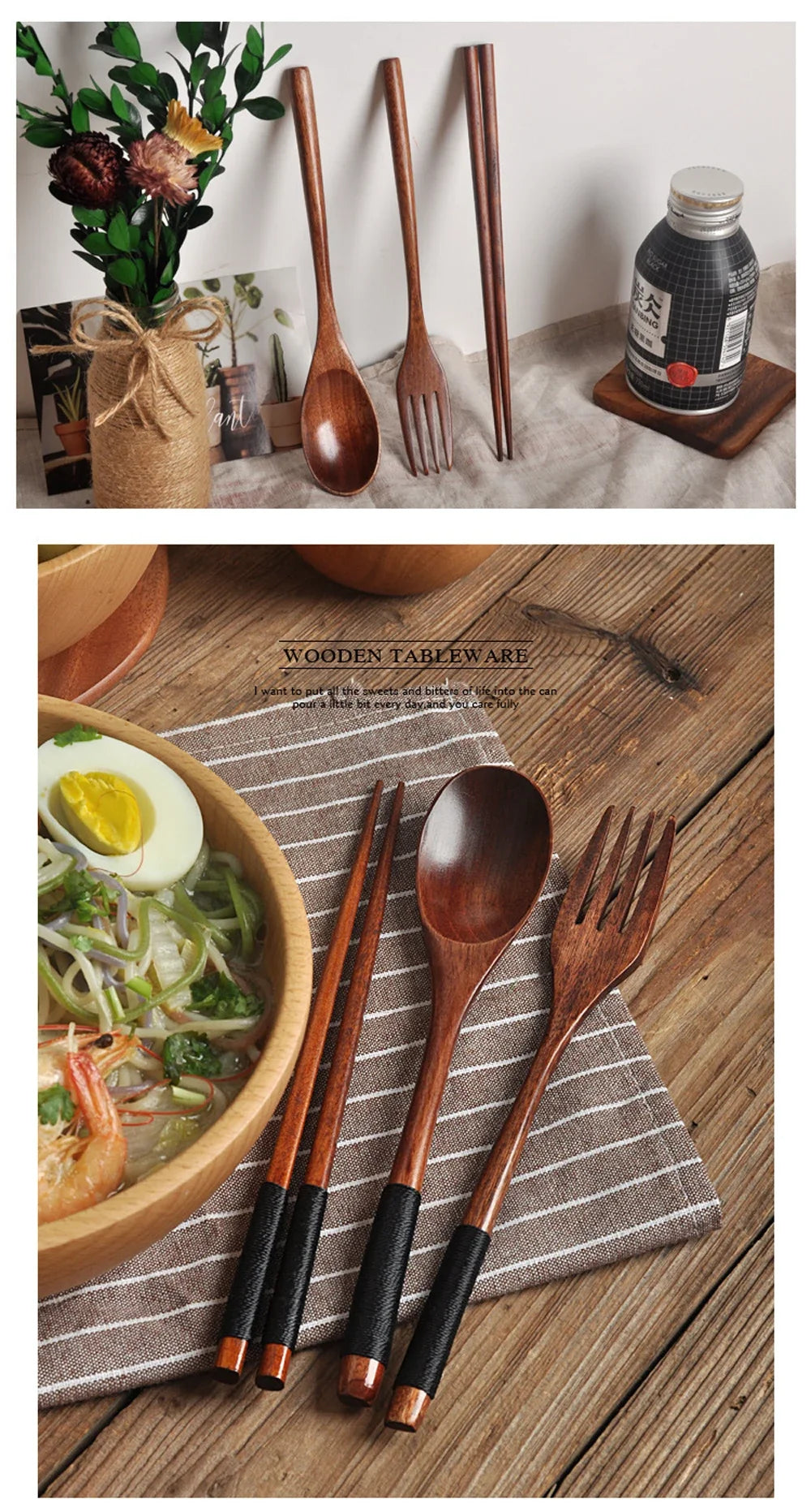 3 Piece Natural Wood Dinnerware Set