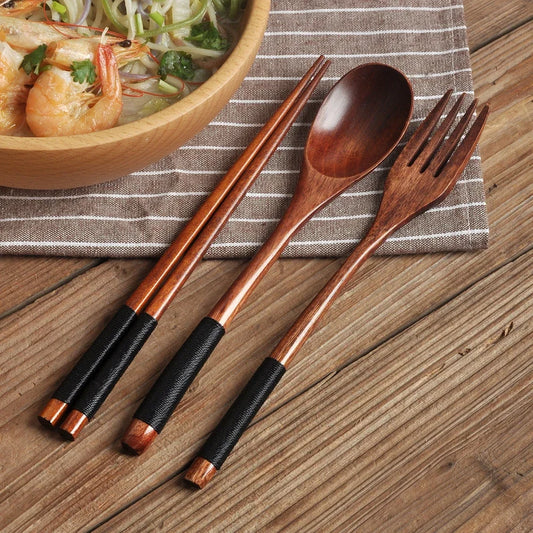 3 Piece Natural Wood Dinnerware Set